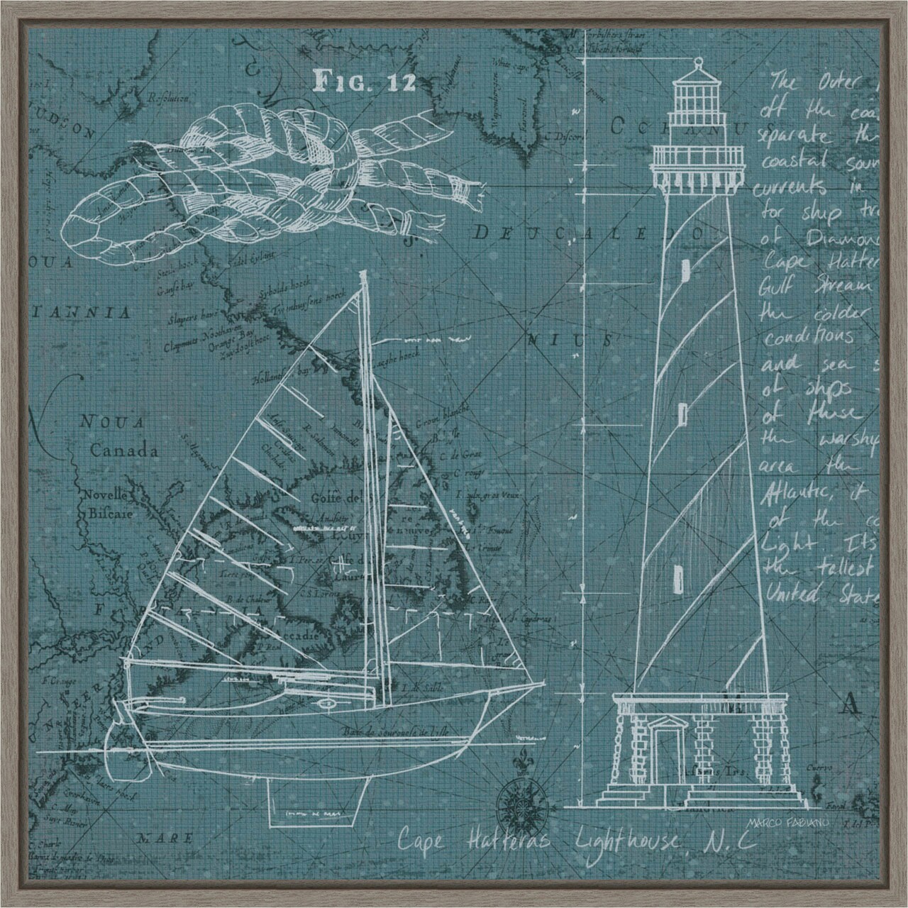 Coastal Blueprint III by Marco Fabiano 16-in. W x 16-in. H. Canvas Wall Art Print Framed in Grey
